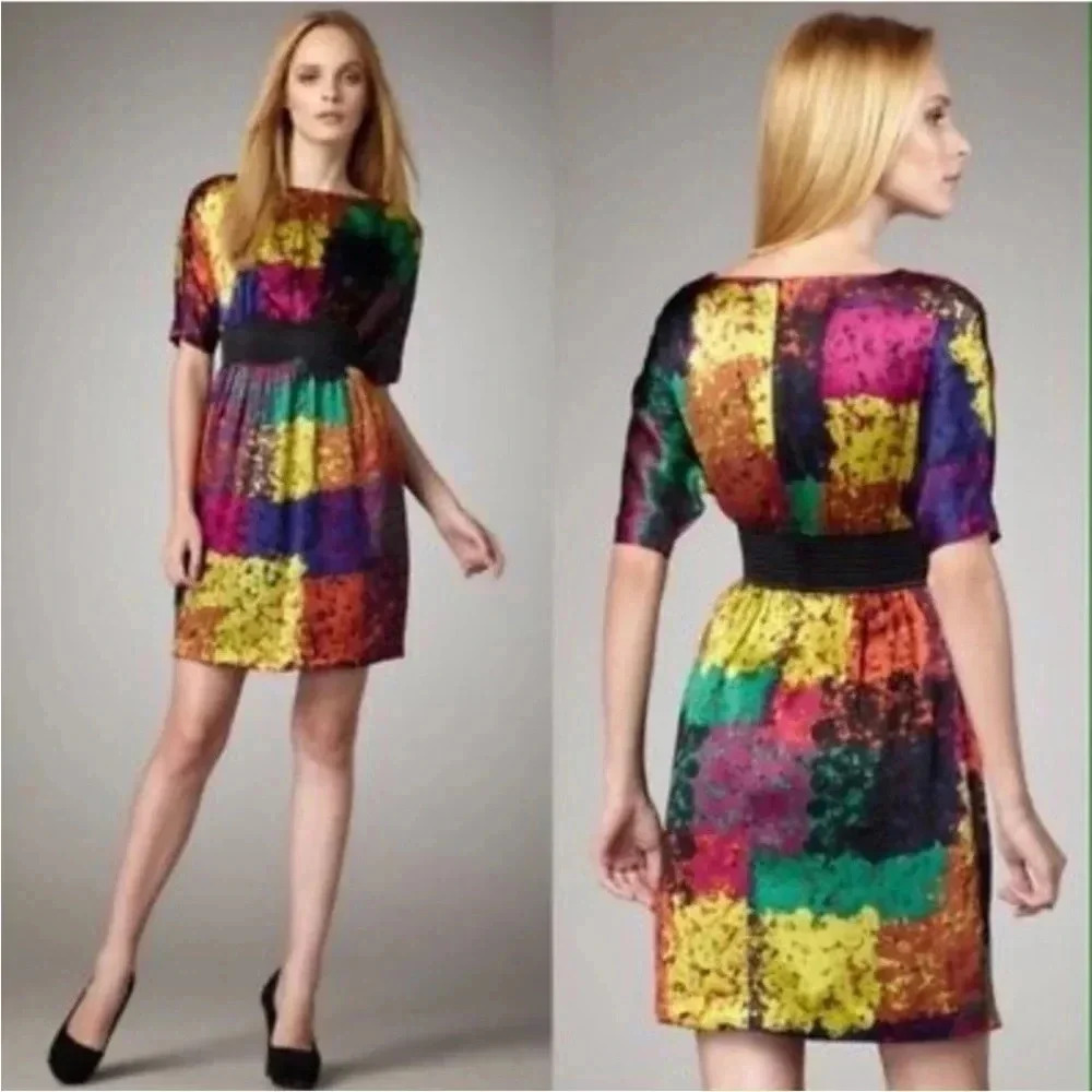 Trina Turk Silk Dress Artsy Checkered Colorful Mock Waist Belt Size 4